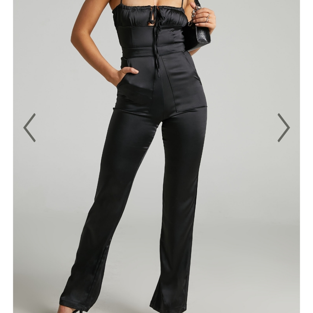 Danielle Bernstein Pull On Stretch Black Satin Jumper Jumpsuit 2